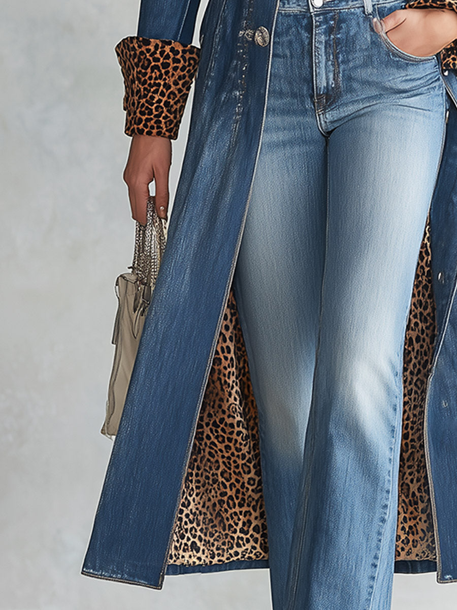 Sigrid | Women's Western-Style Leopard-Trim Denim Trench Coat