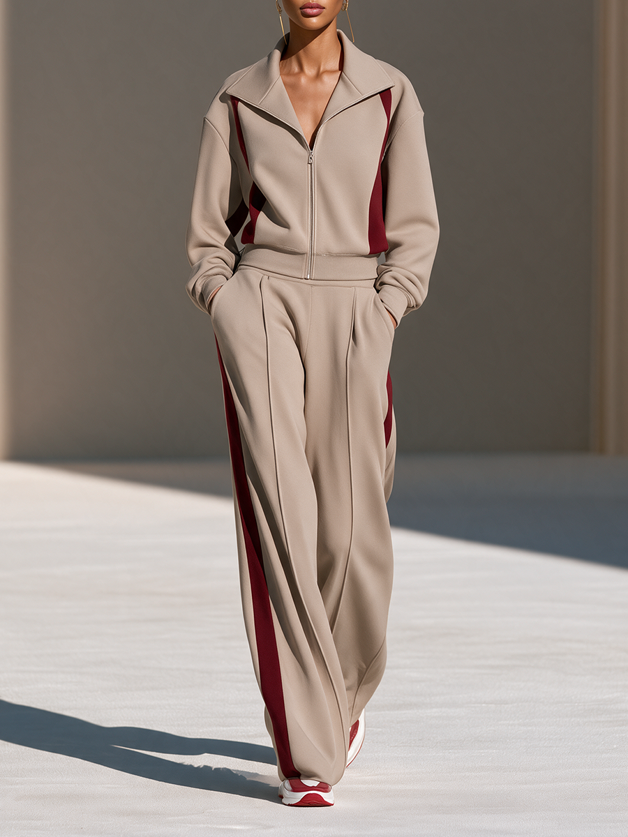 Josephine | Women's Zip-Collar Top and Wide-Leg Pants Set