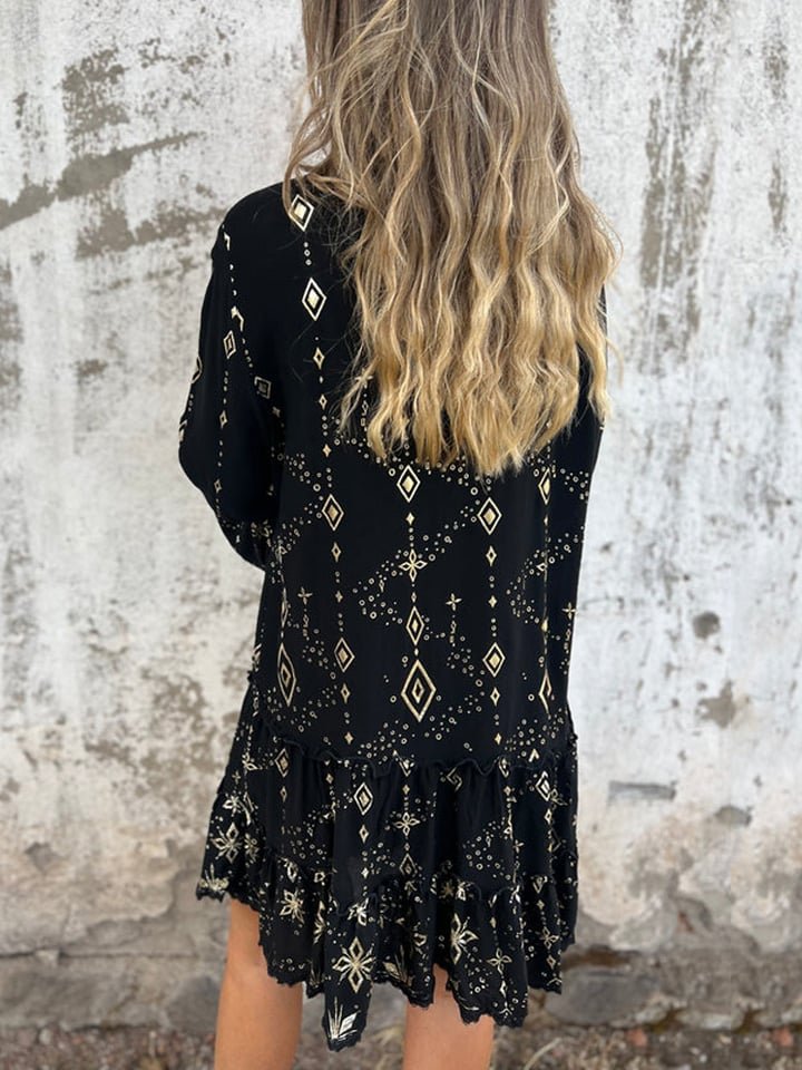 Willow | Women's Boho Tiered V-Neck Gold-Detail Midi Dress