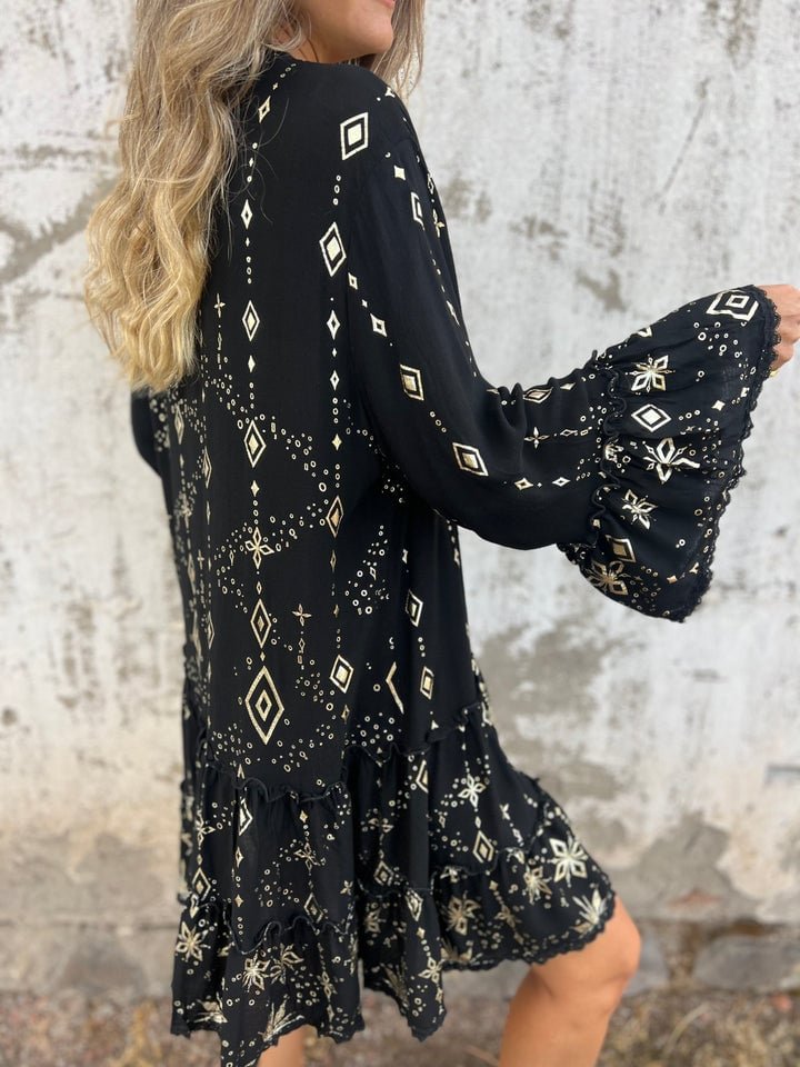 Willow | Women's Boho Tiered V-Neck Gold-Detail Midi Dress