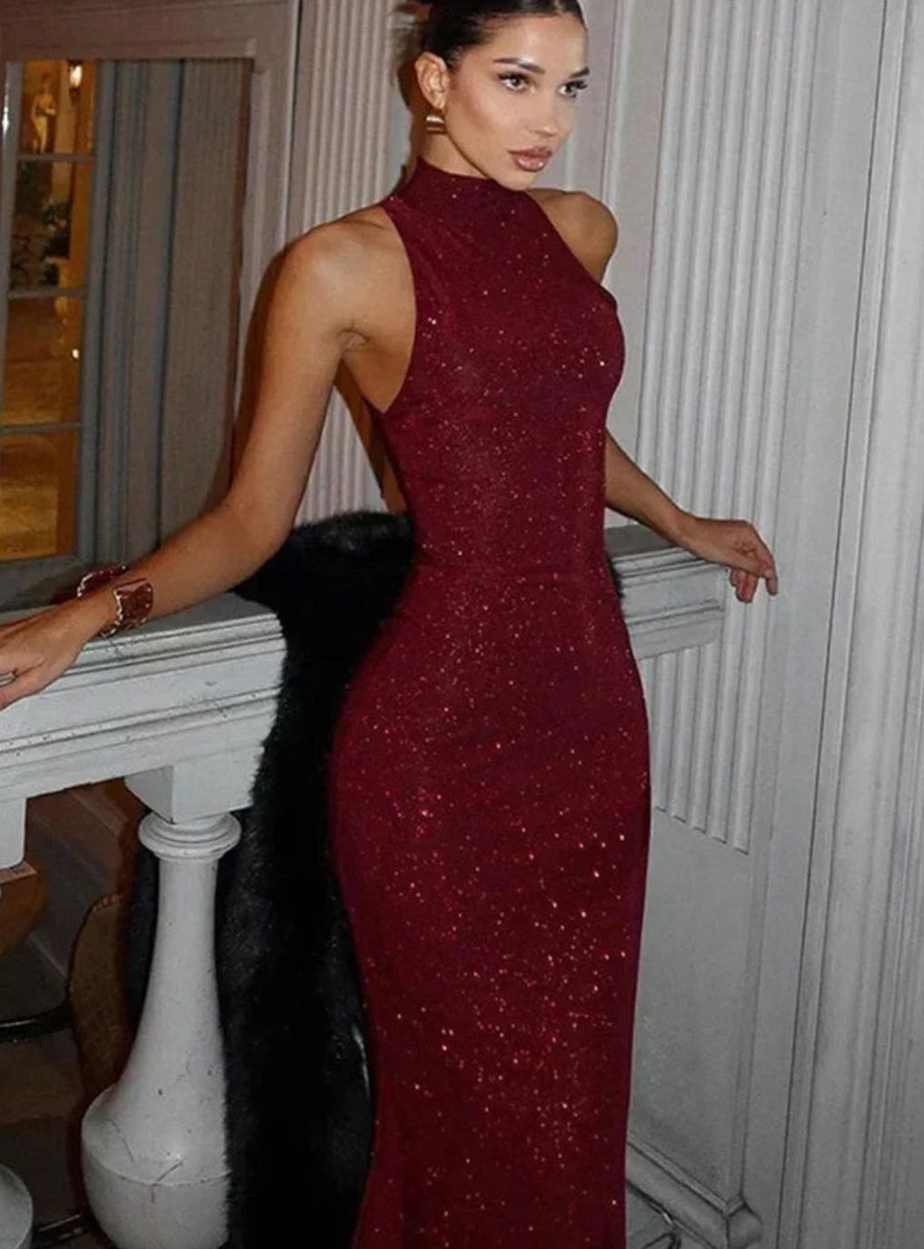 Camila | Women's Sequin Halter-Neck Fitted Maxi Dress