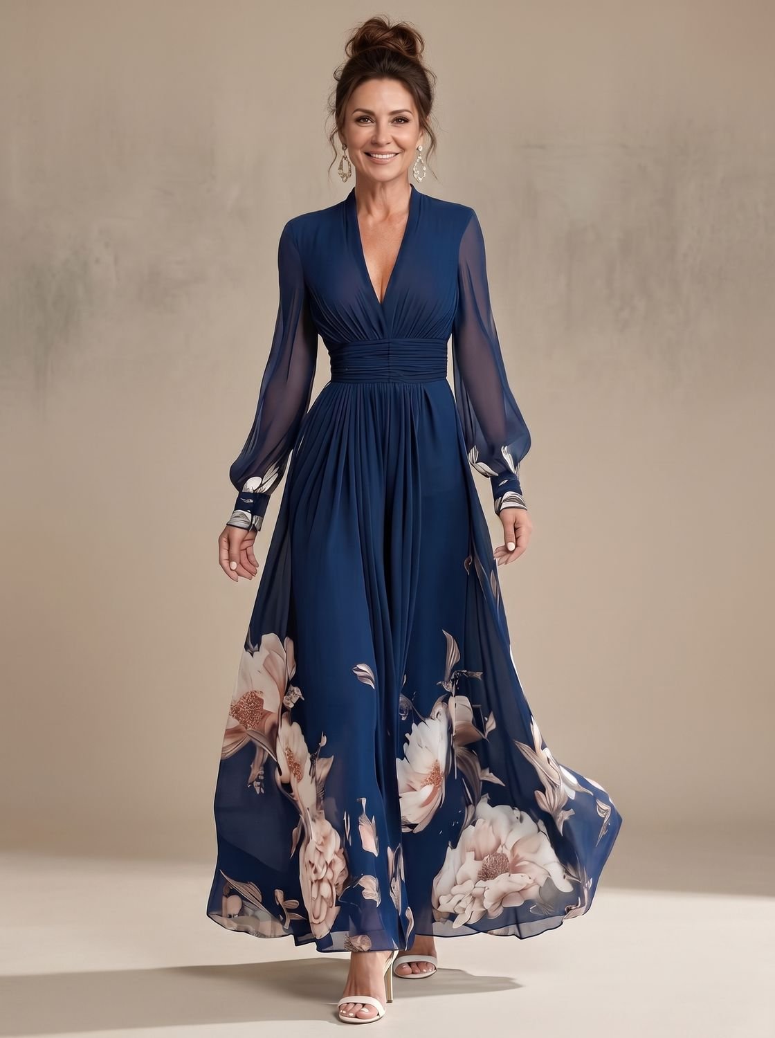 Ella | Women's Floral Sheer-Sleeve Pleated V-Neck Maxi Dress