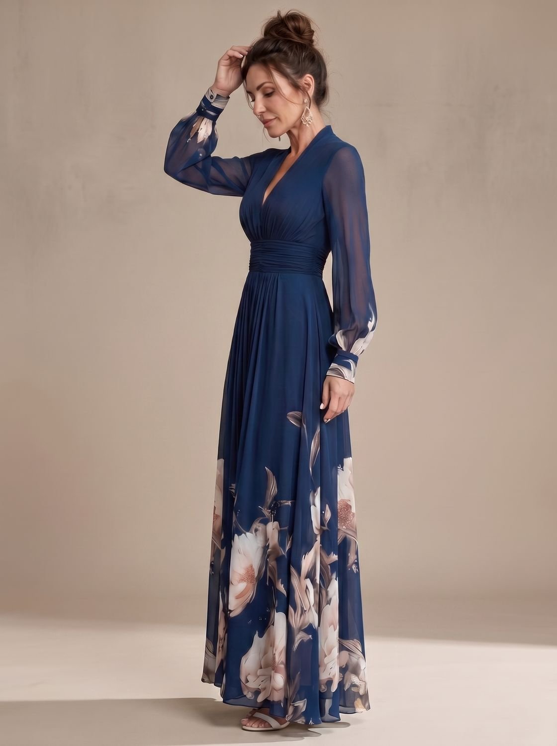 Ella | Women's Floral Sheer-Sleeve Pleated V-Neck Maxi Dress