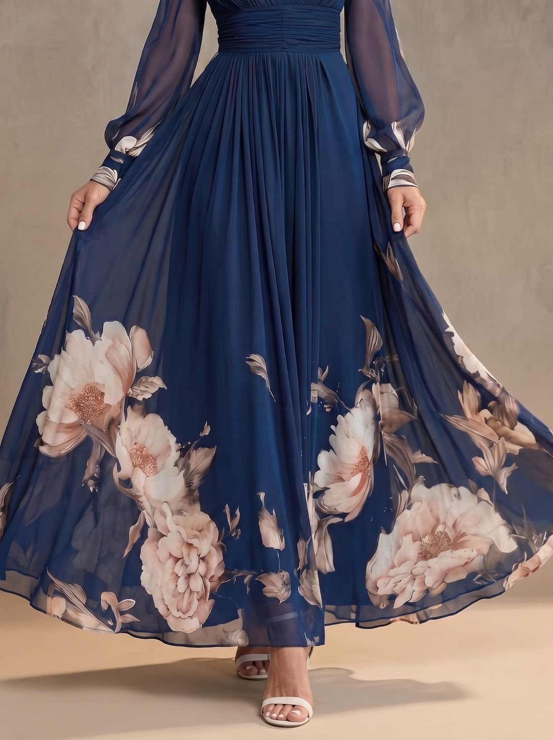 Ella | Women's Floral Sheer-Sleeve Pleated V-Neck Maxi Dress
