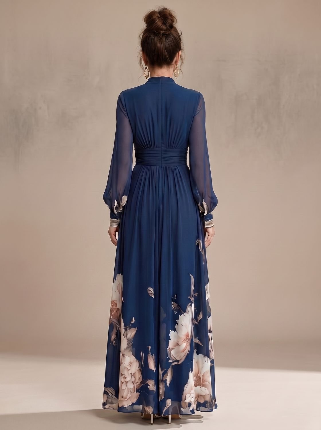 Ella | Women's Floral Sheer-Sleeve Pleated V-Neck Maxi Dress