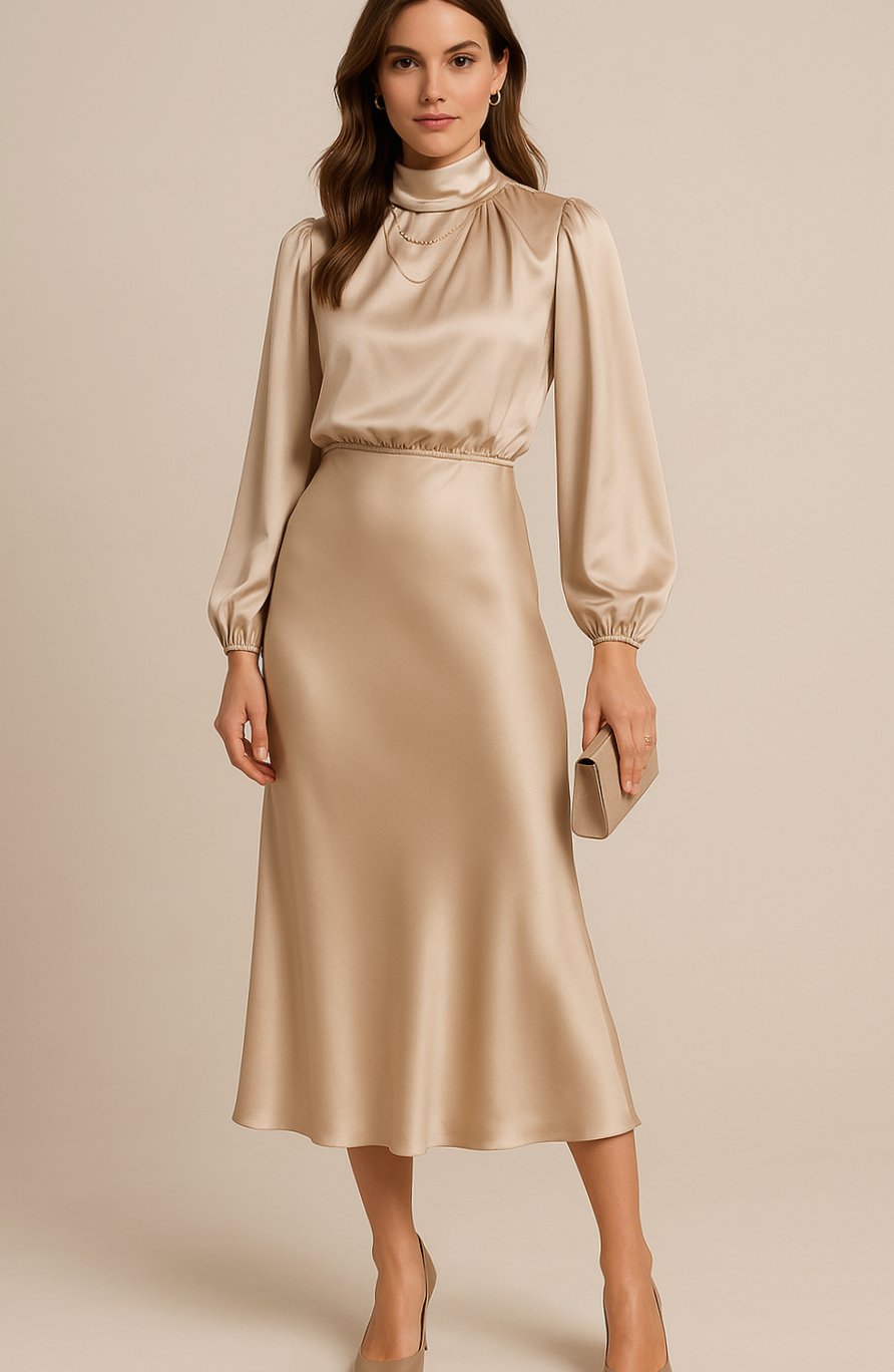 Evelyn | Women's High-Waist Mock-Neck Satin Midi Dress