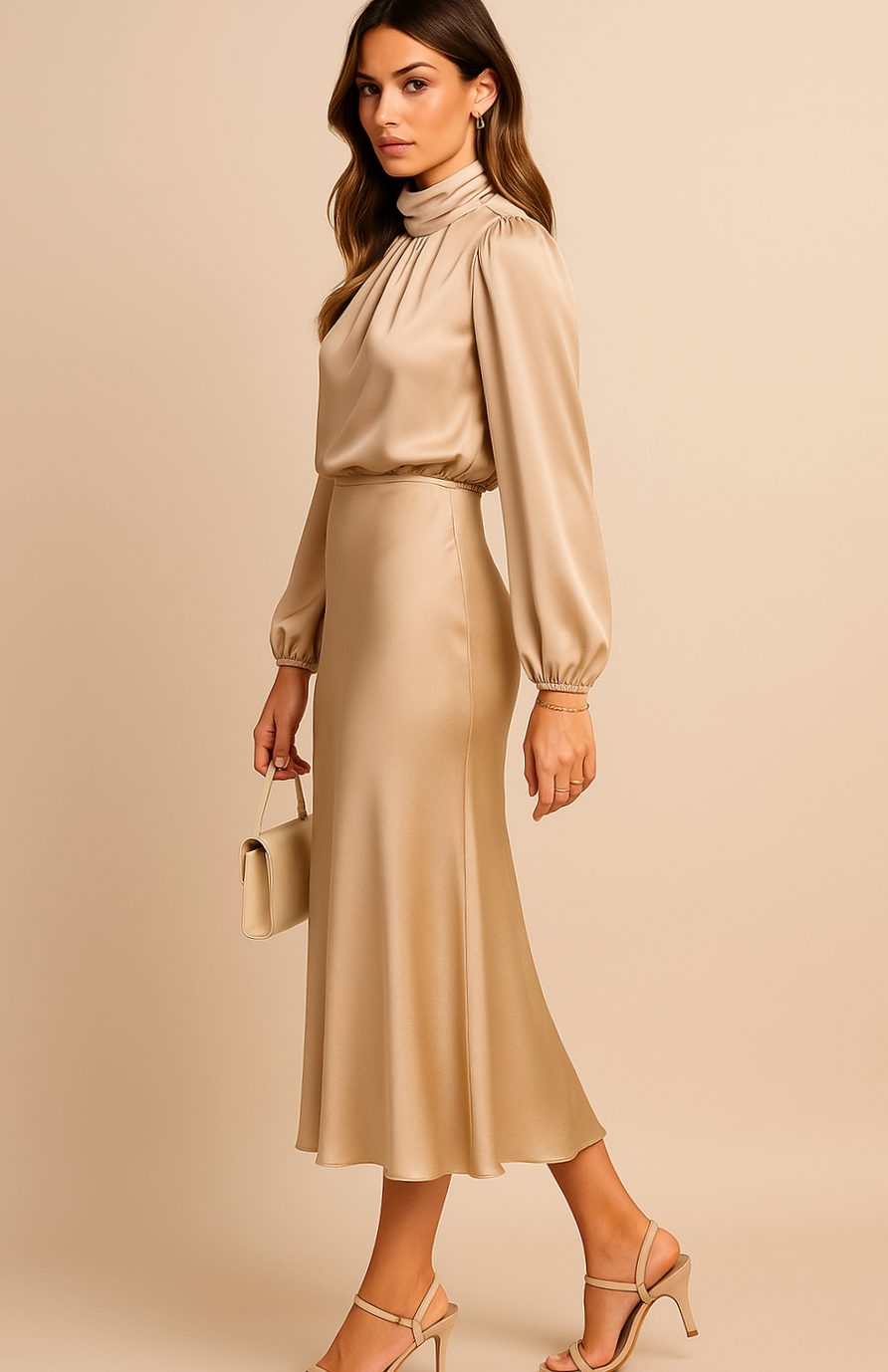 Evelyn | Women's High-Waist Mock-Neck Satin Midi Dress