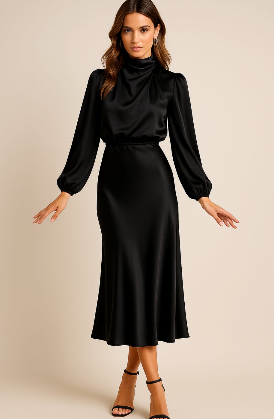 Evelyn | Women's High-Waist Mock-Neck Satin Midi Dress