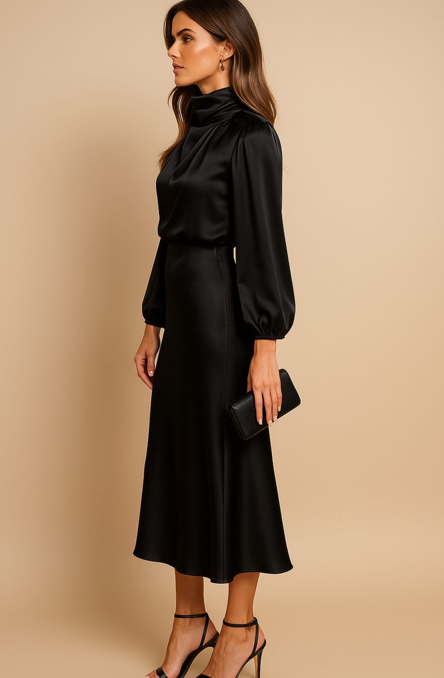Evelyn | Women's High-Waist Mock-Neck Satin Midi Dress