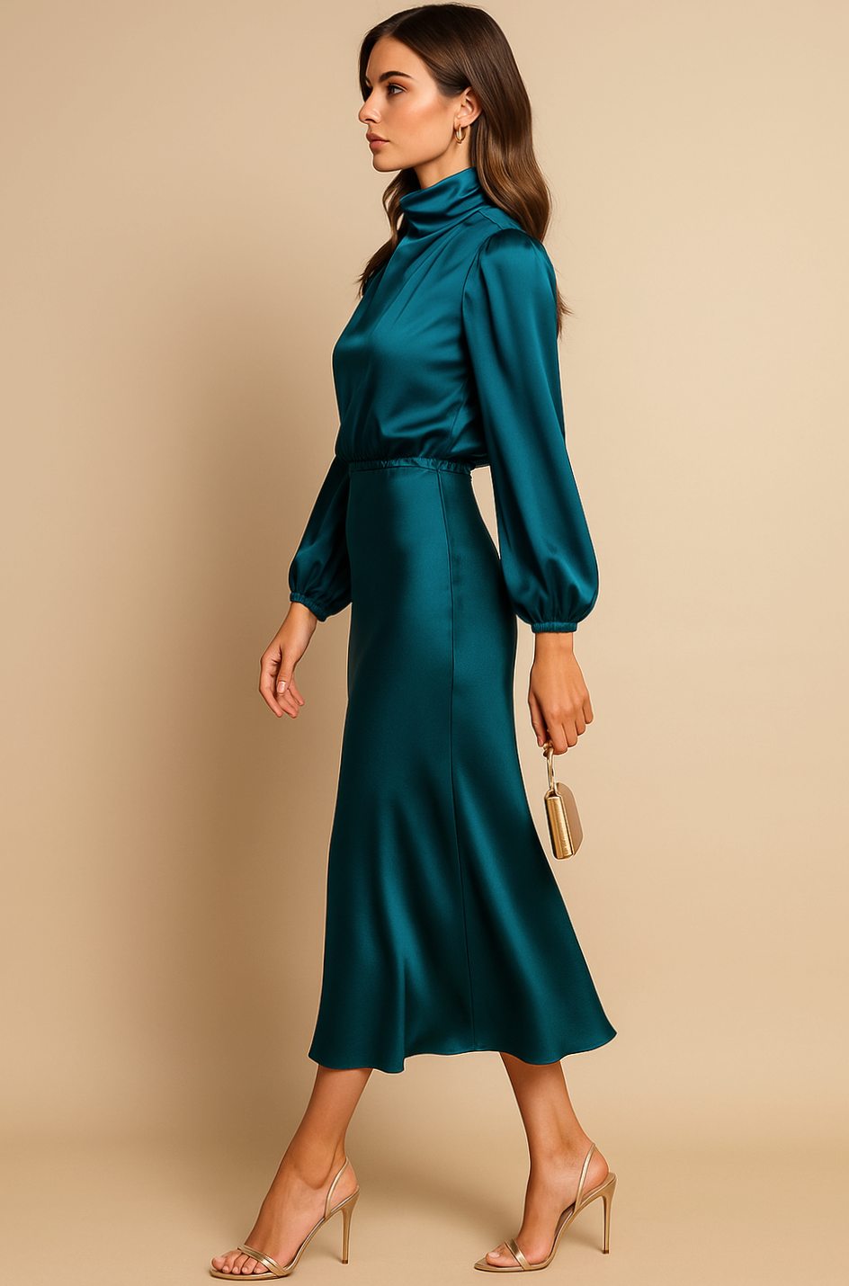 Evelyn | Women's High-Waist Mock-Neck Satin Midi Dress