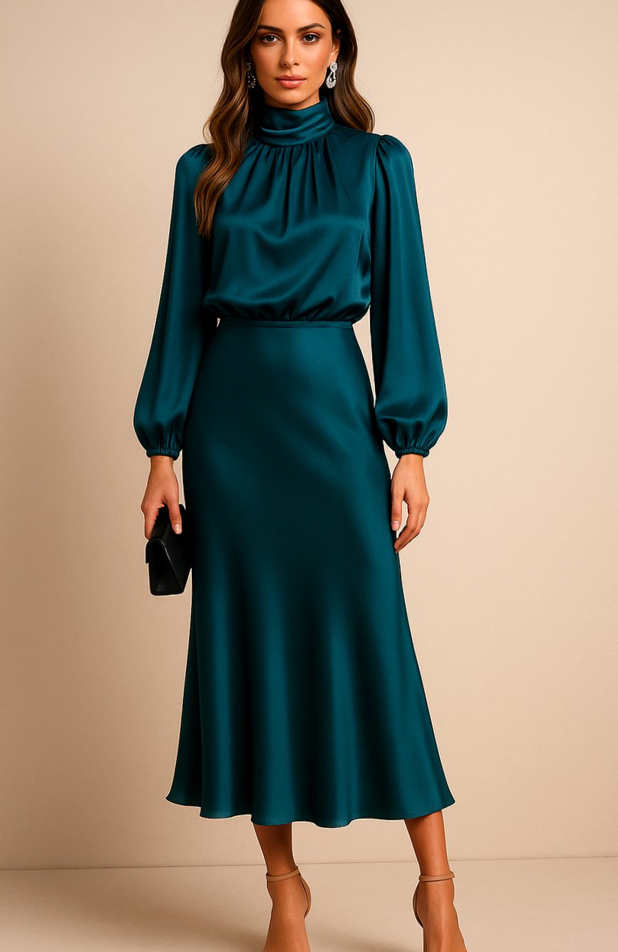 Evelyn | Women's High-Waist Mock-Neck Satin Midi Dress