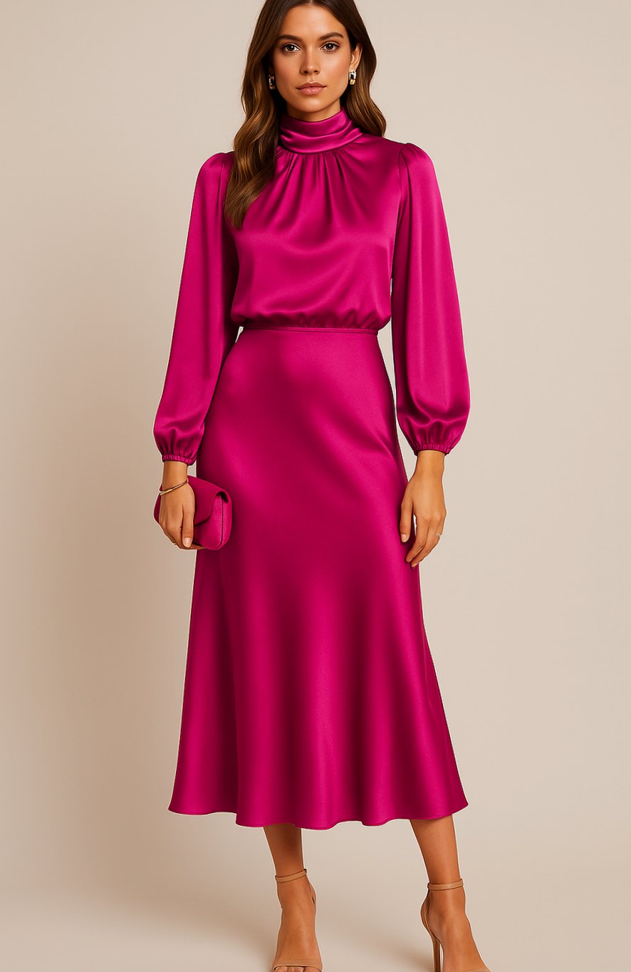 Evelyn | Women's High-Waist Mock-Neck Satin Midi Dress
