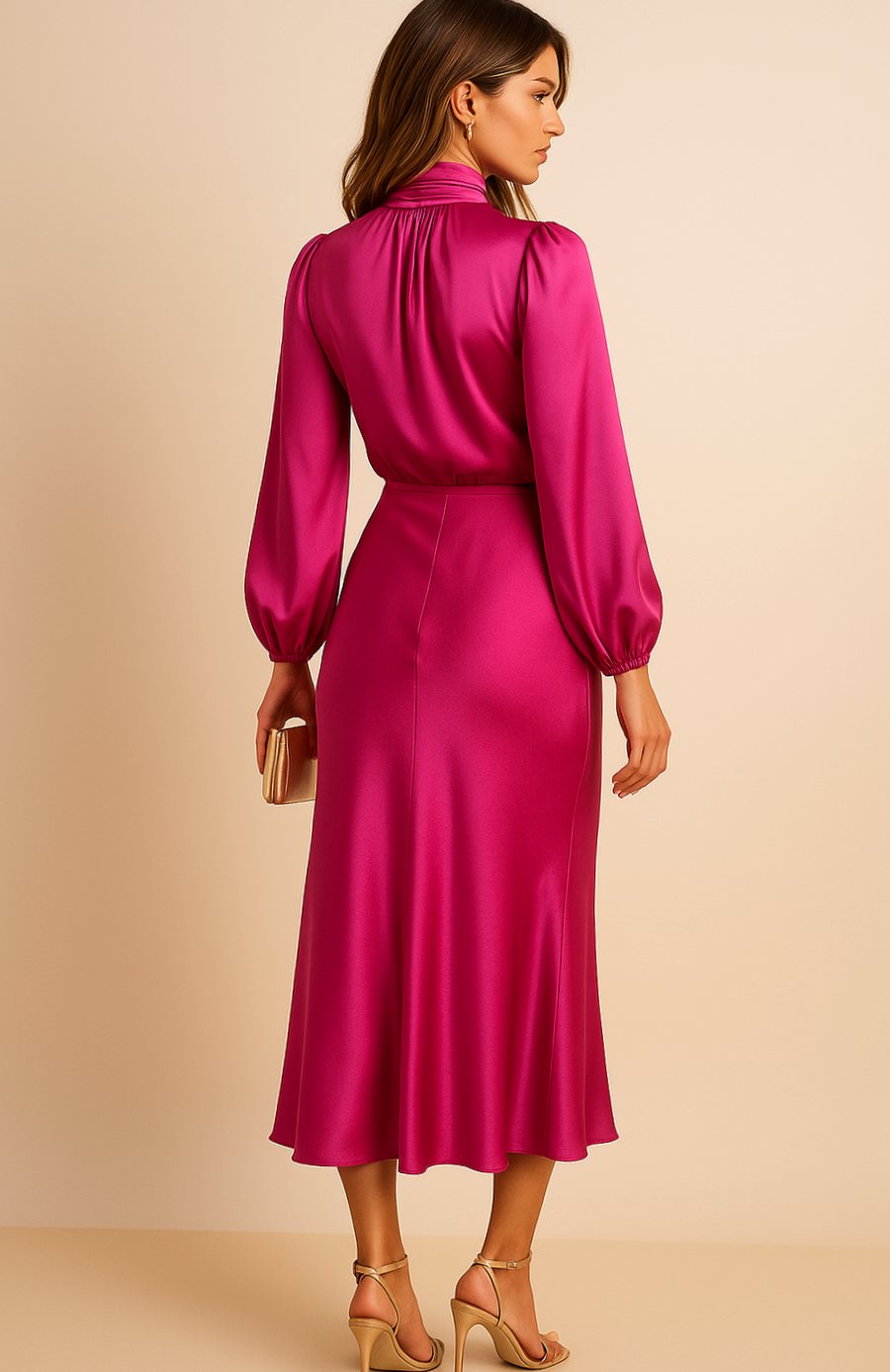 Evelyn | Women's High-Waist Mock-Neck Satin Midi Dress