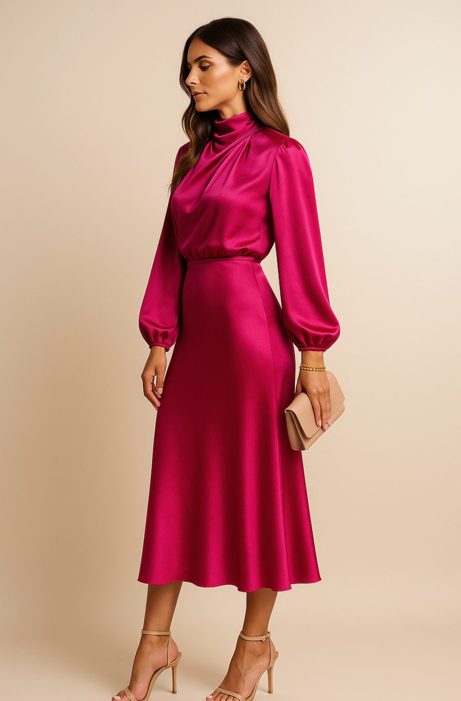 Evelyn | Women's High-Waist Mock-Neck Satin Midi Dress