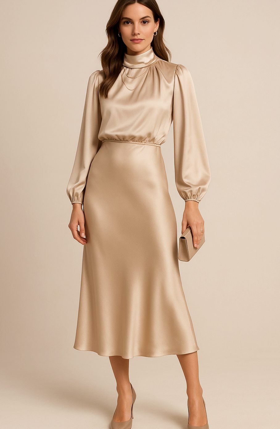 Evelyn | Women's High-Waist Mock-Neck Satin Midi Dress