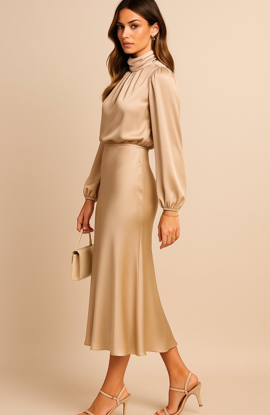 Evelyn | Women's High-Waist Mock-Neck Satin Midi Dress