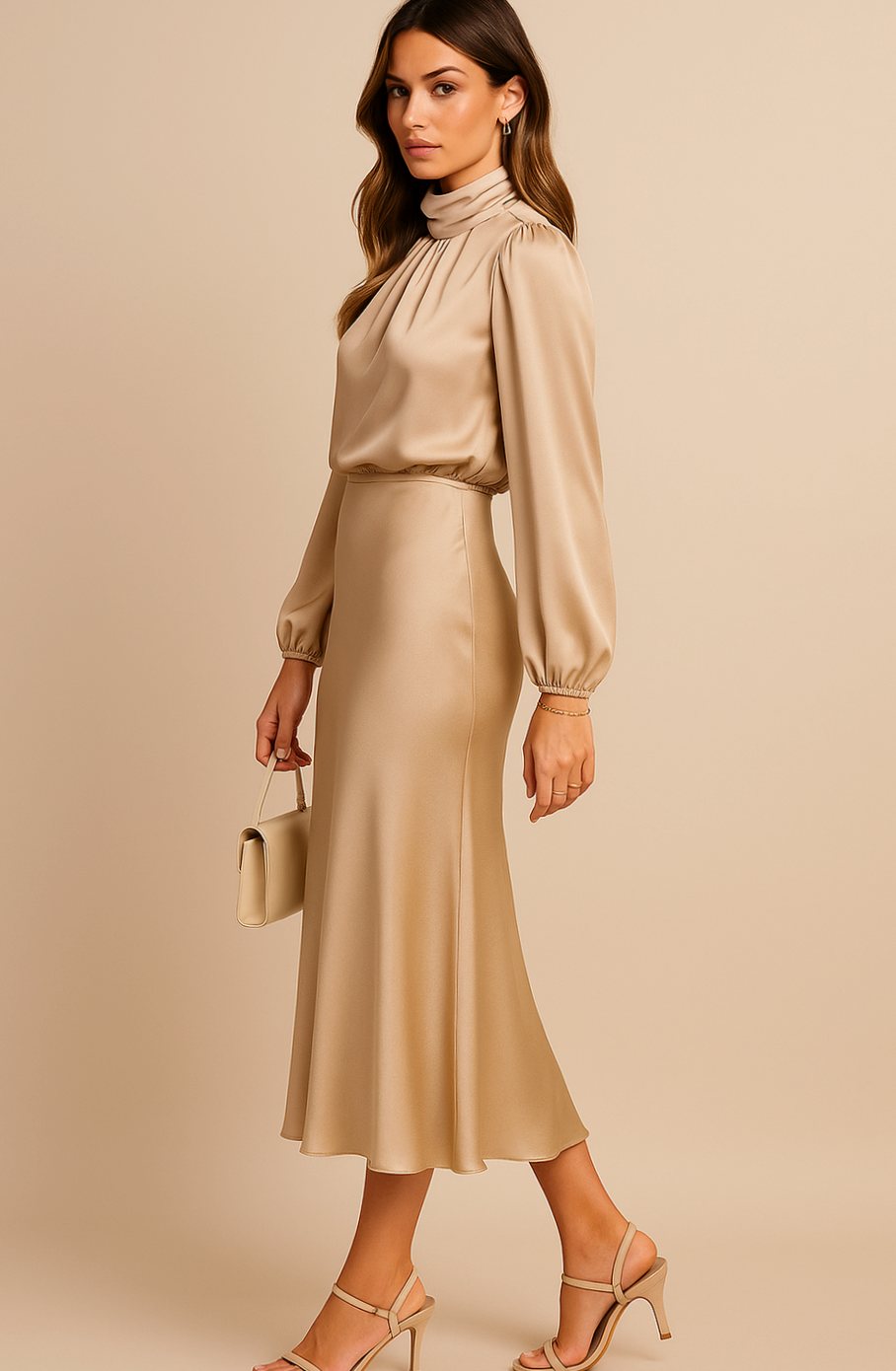 Evelyn | Women's High-Waist Mock-Neck Satin Midi Dress