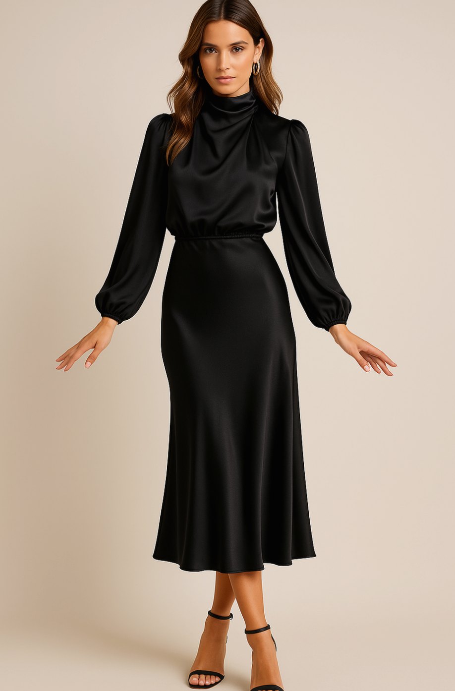 Evelyn | Women's High-Waist Mock-Neck Satin Midi Dress