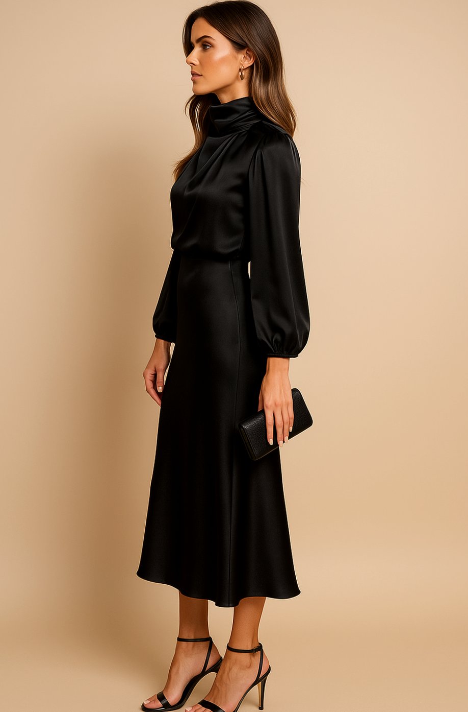 Evelyn | Women's High-Waist Mock-Neck Satin Midi Dress