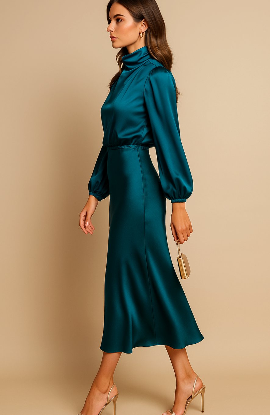 Evelyn | Women's High-Waist Mock-Neck Satin Midi Dress