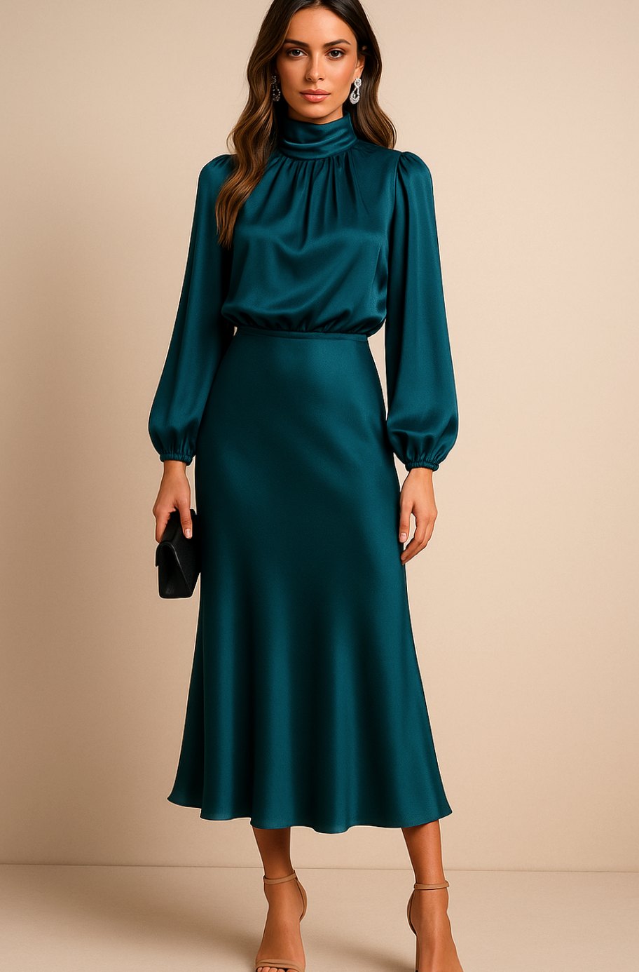 Evelyn | Women's High-Waist Mock-Neck Satin Midi Dress