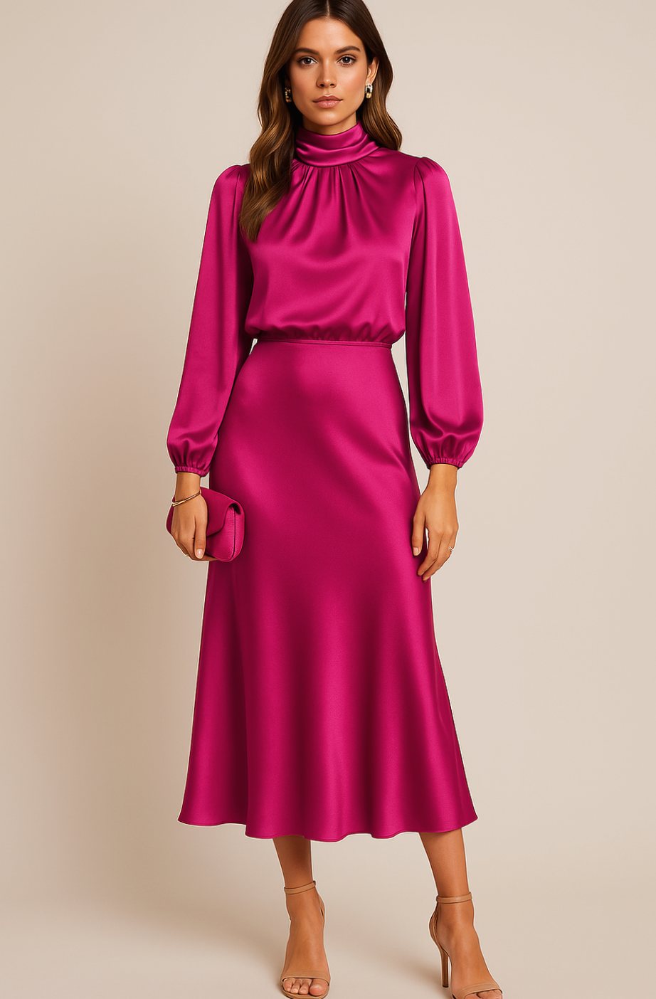 Evelyn | Women's High-Waist Mock-Neck Satin Midi Dress