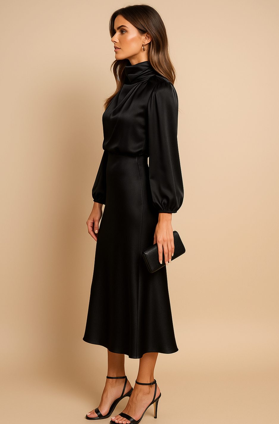 Evelyn | Women's High-Waist Mock-Neck Satin Midi Dress