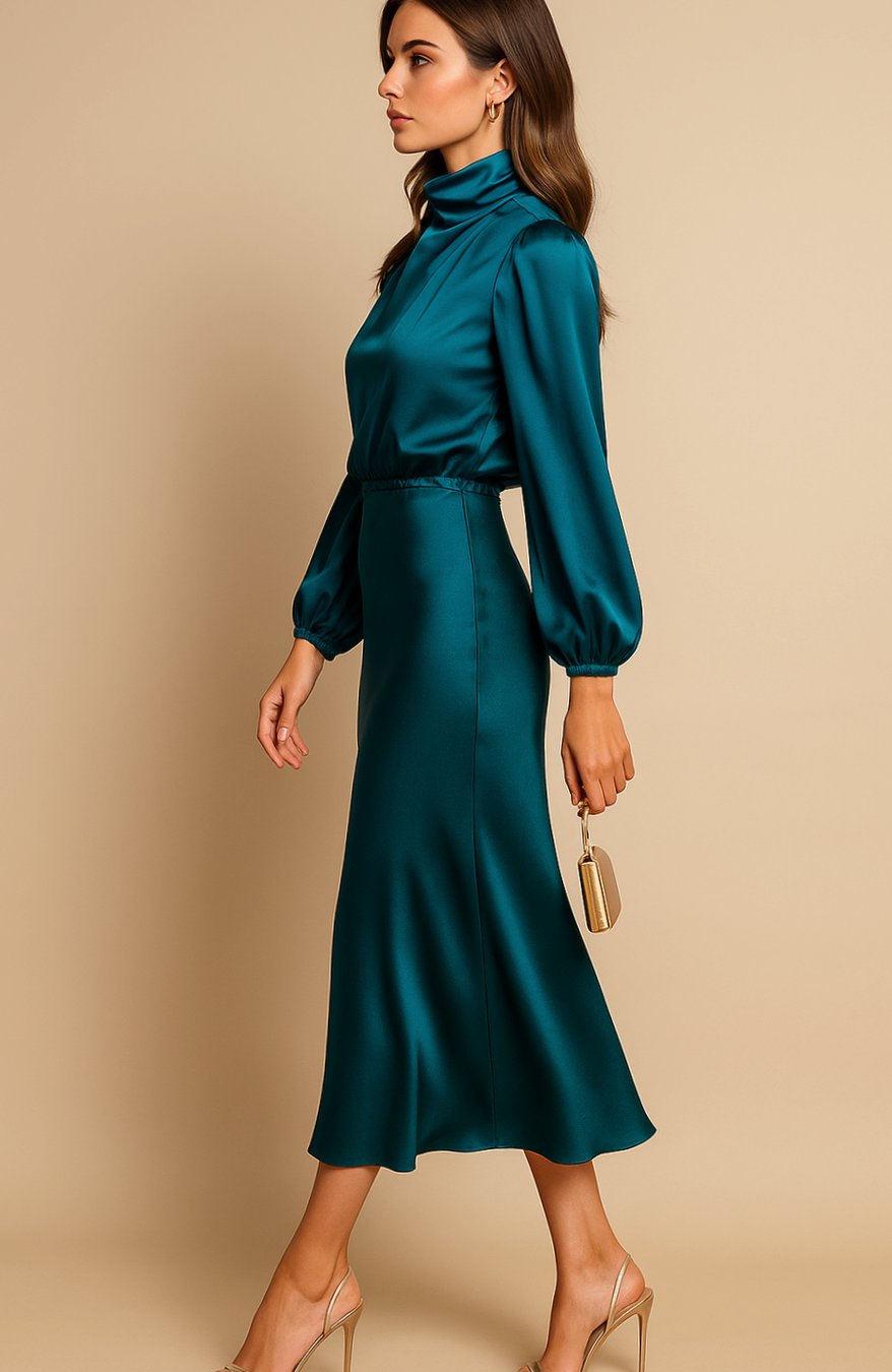 Evelyn | Women's High-Waist Mock-Neck Satin Midi Dress