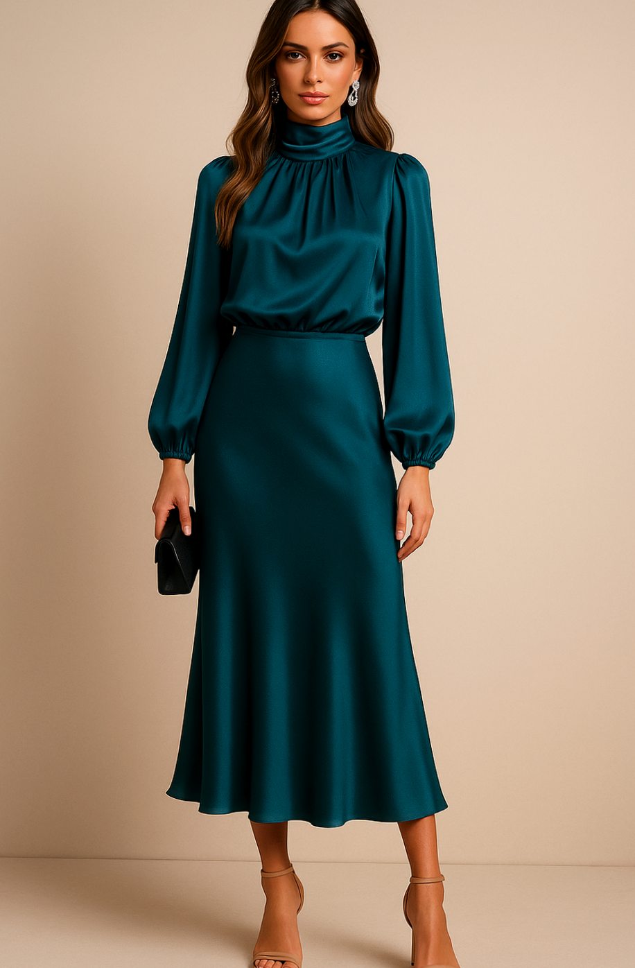 Evelyn | Women's High-Waist Mock-Neck Satin Midi Dress