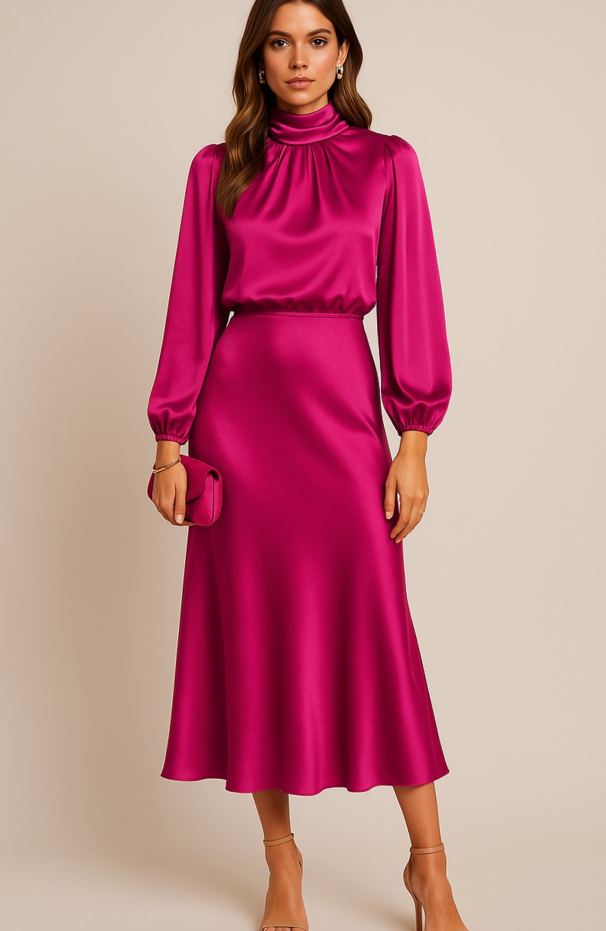 Evelyn | Women's High-Waist Mock-Neck Satin Midi Dress