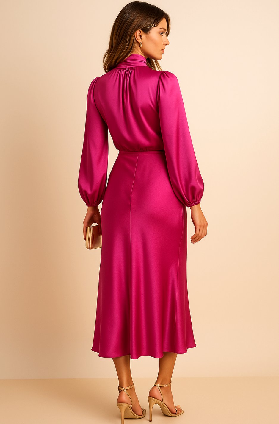 Evelyn | Women's High-Waist Mock-Neck Satin Midi Dress