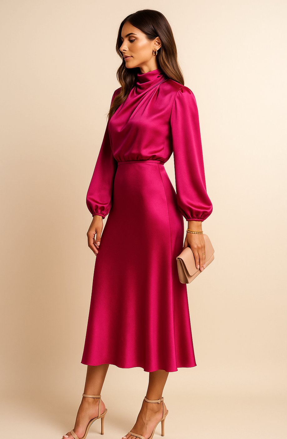 Evelyn | Women's High-Waist Mock-Neck Satin Midi Dress