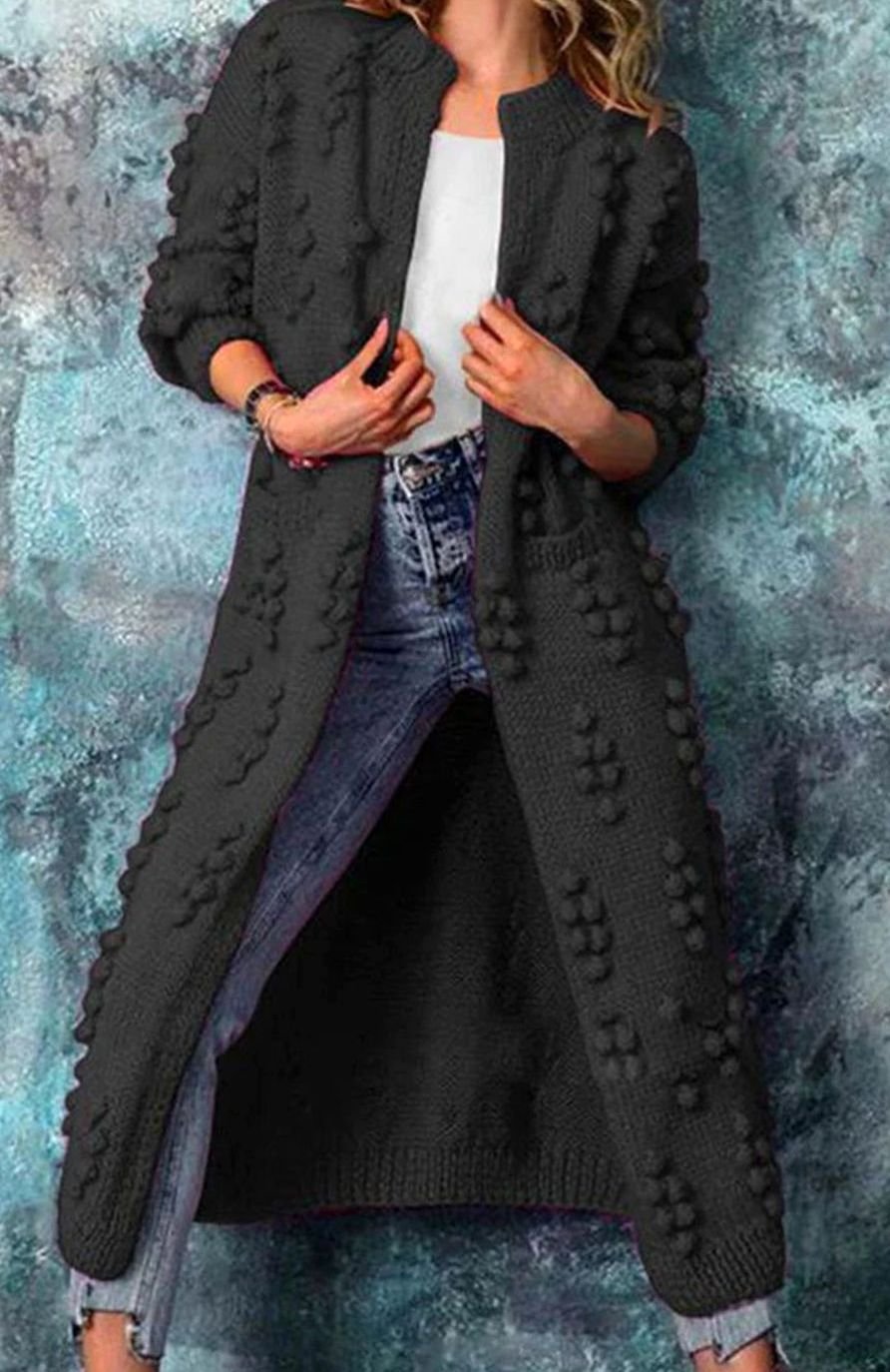 Olivia | Women's Long Open-Front Pom-Pom Knitted Cardigan