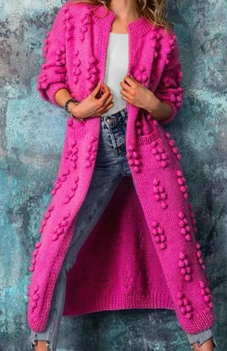 Olivia | Women's Long Open-Front Pom-Pom Knitted Cardigan