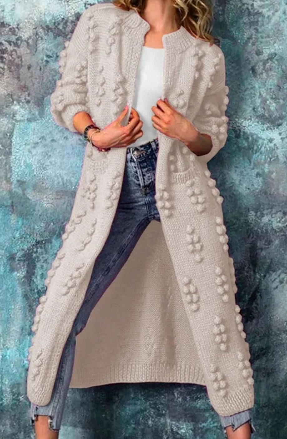 Olivia | Women's Long Open-Front Pom-Pom Knitted Cardigan