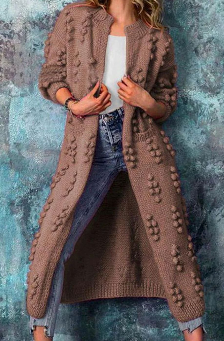 Olivia | Women's Long Open-Front Pom-Pom Knitted Cardigan