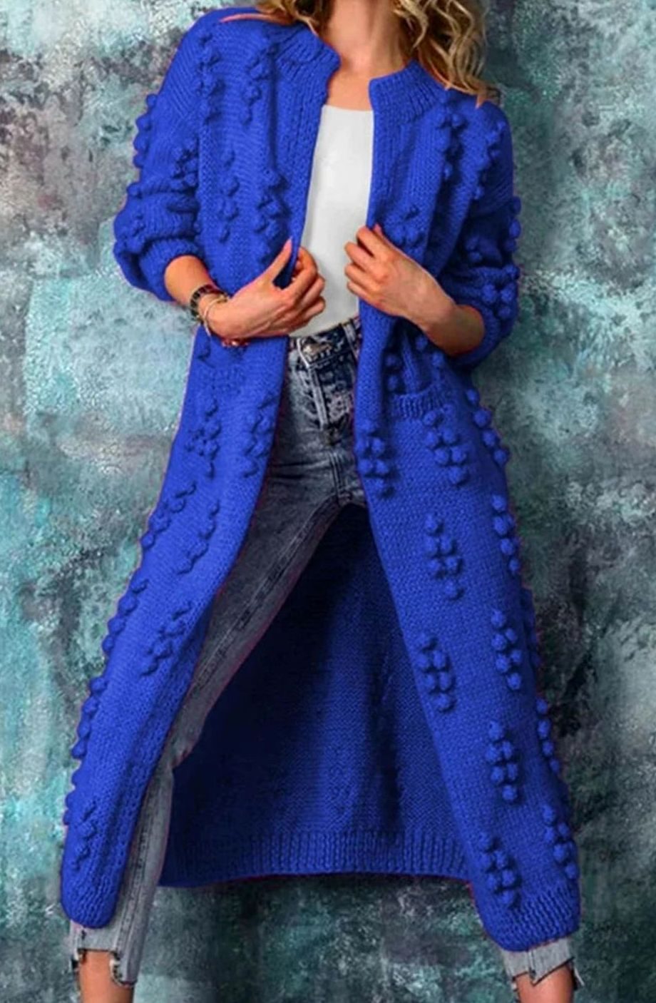 Olivia | Women's Long Open-Front Pom-Pom Knitted Cardigan