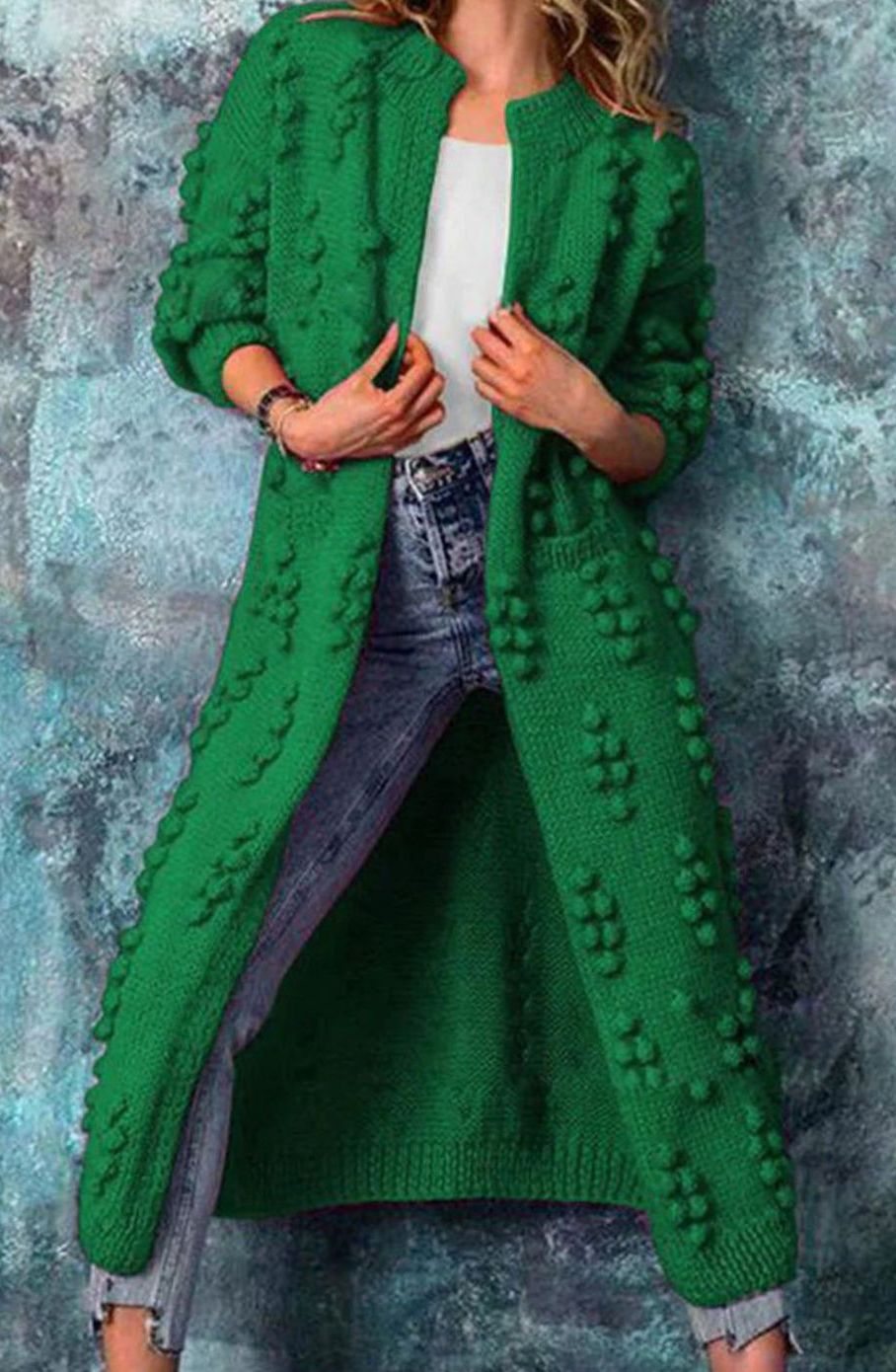 Olivia | Women's Long Open-Front Pom-Pom Knitted Cardigan