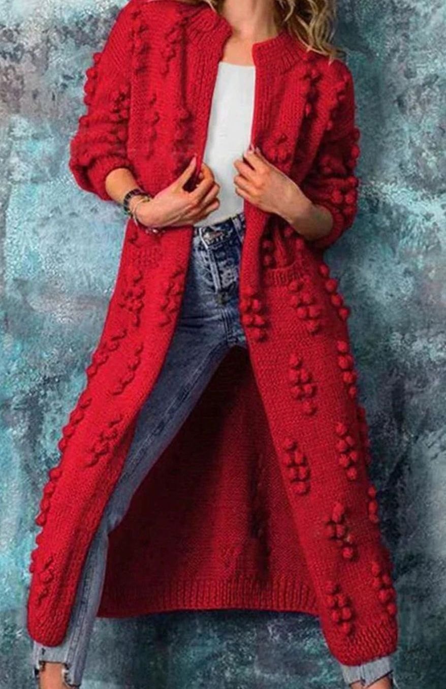 Olivia | Women's Long Open-Front Pom-Pom Knitted Cardigan