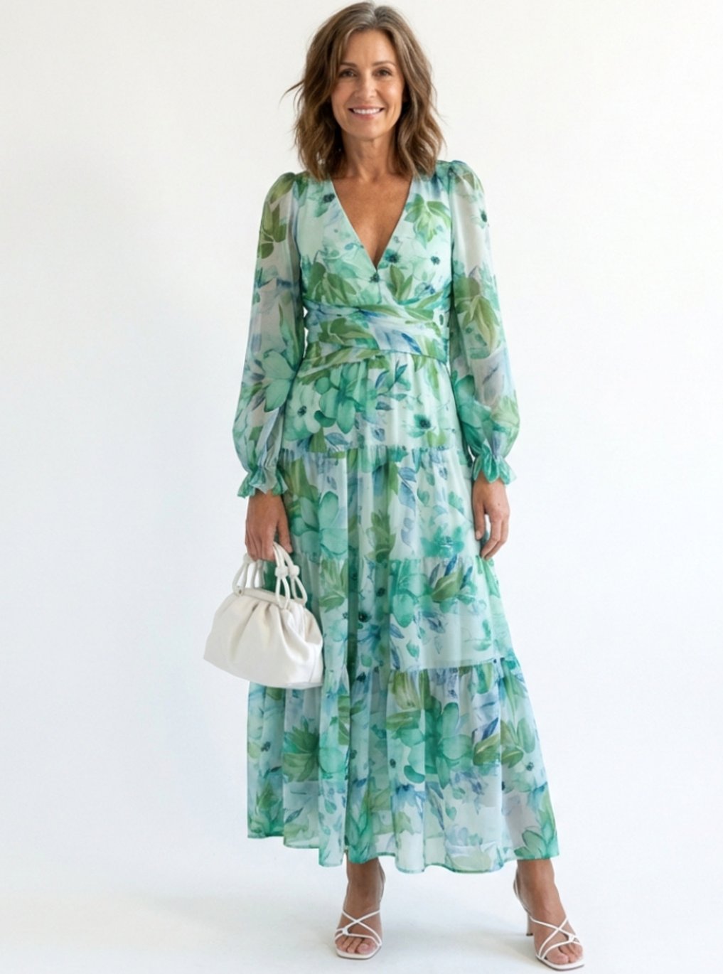 Marigold | Women's Long Sleeve Floral Tiered Chiffon Maxi Dress