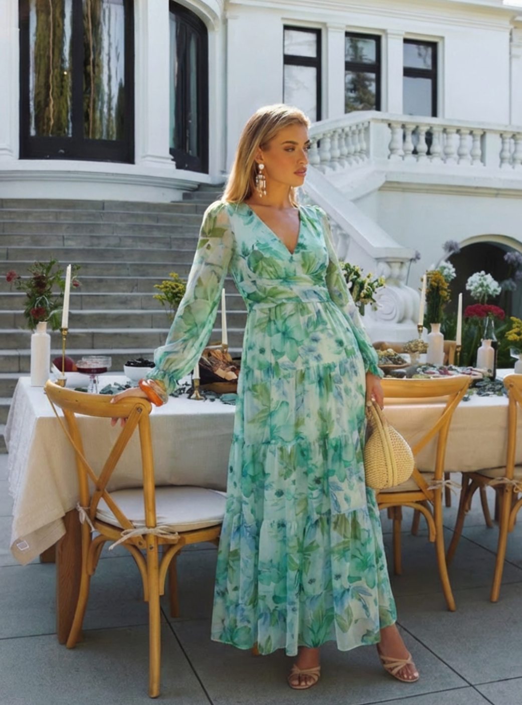 Marigold | Women's Long Sleeve Floral Tiered Chiffon Maxi Dress
