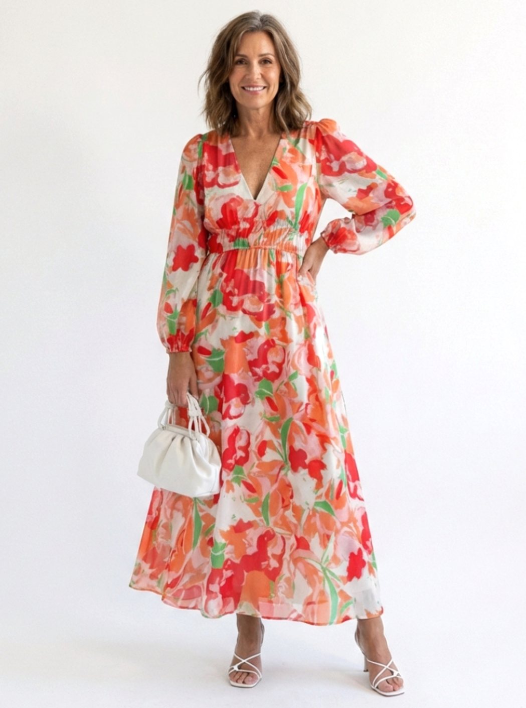 Marigold | Women's Long Sleeve Floral Tiered Chiffon Maxi Dress