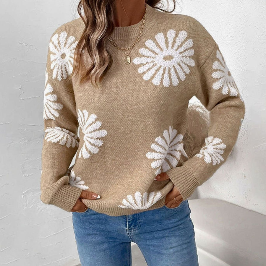 Marigold | Women's Relaxed-Fit Floral Intarsia Crew-Neck Sweater