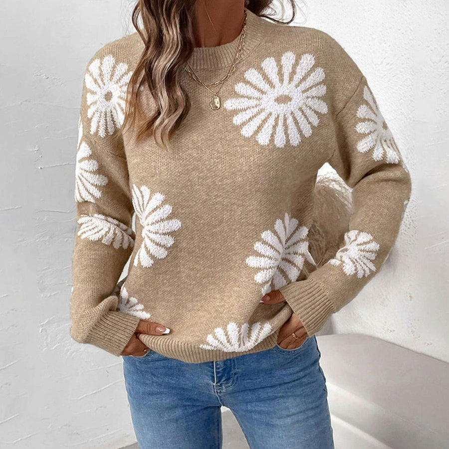 Marigold | Women's Relaxed-Fit Floral Intarsia Crew-Neck Sweater