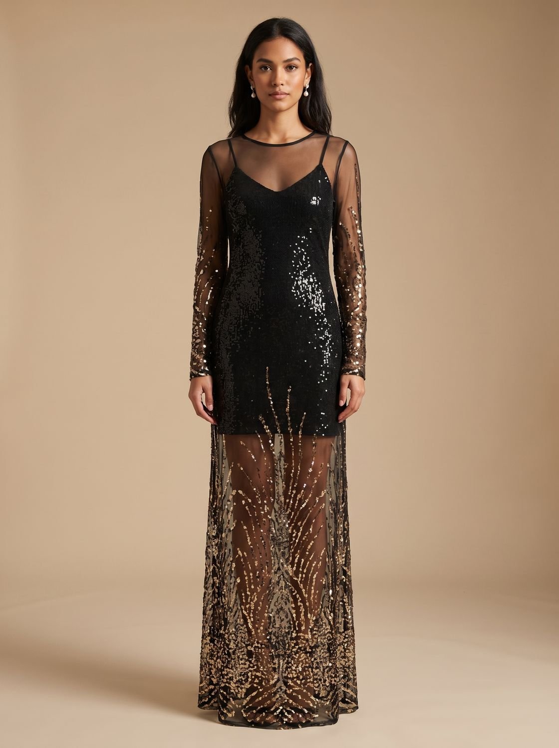 Ivy | Women's Sequin Mesh Long-Sleeve Mini Dress