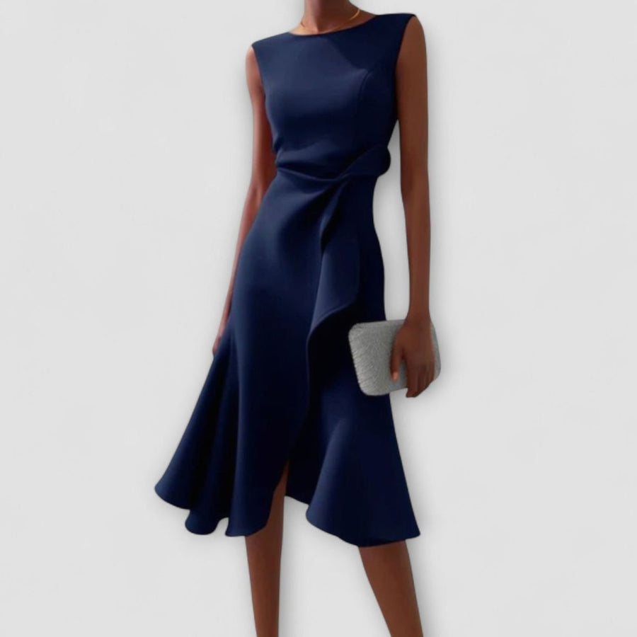 Eleanor | Women's Asymmetrical Drape Ruffled Midi Dress